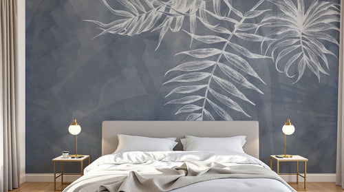 Design ZX0545 — Papier peint Palmes blanches fond gris bleu sombre — Novomur