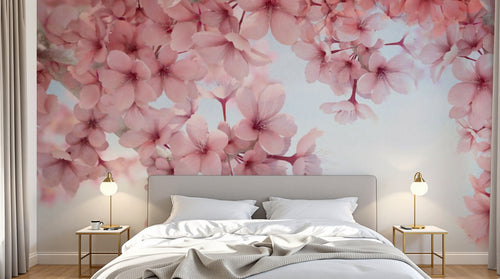 Design ZX0547 — Papier peint Cerisier rose dense fond bleu chinoiserie — Novomur