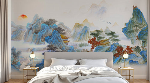 Design ZX0551 — Papier peint Paysage chinois pagode montagnes karstiques — Novomur