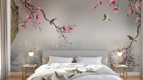 Design ZX0560 — Papier peint Magnolia oiseaux foret lac chinois — Novomur