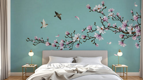 Design ZX0580 — Papier peint Magnolia rose oiseaux fond turquoise — Novomur