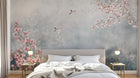 Design ZX0596 — Papier peint Magnolia rose oiseaux fond bleu brume — Novomur