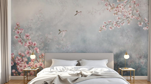 Design ZX0596 — Papier peint Magnolia rose oiseaux fond bleu brume — Novomur
