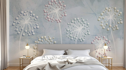Design ZX0657 — Papier peint Pissenlits boules pastel fond bleu — Novomur