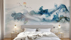 Design ZX0658 — Papier peint Paysage encre fluide bleu soleil orange — Novomur