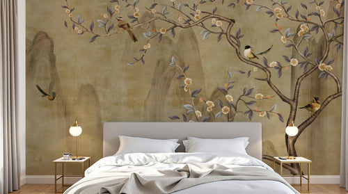 Design ZX0664 — Papier peint Pommier fleurs oiseaux montagne encre — Novomur
