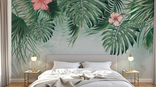 Design ZX0680 — Papier peint Monstera palmes hibiscus pastel — Novomur