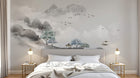 Design ZX0681 — Papier peint Paysage encre pavillons voiliers turquoise — Novomur