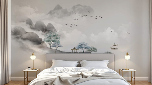 Design ZX0681 — Papier peint Paysage encre pavillons voiliers turquoise — Novomur