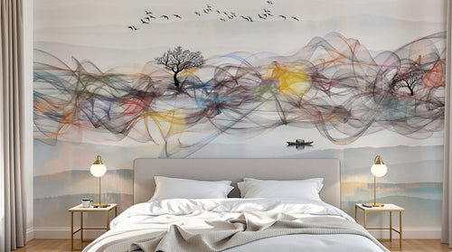 Design ZX0690 — Papier peint Vagues abstraites arbres oiseaux paysage — Novomur