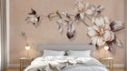 Design ZX0696 — Papier peint Branche fleurs blanches oiseaux beige — Novomur