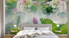 Design ZX0754 — Papier peint Lotus rose vif feuilles vert brume — Novomur