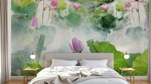 Design ZX0754 — Papier peint Lotus rose vif feuilles vert brume — Novomur
