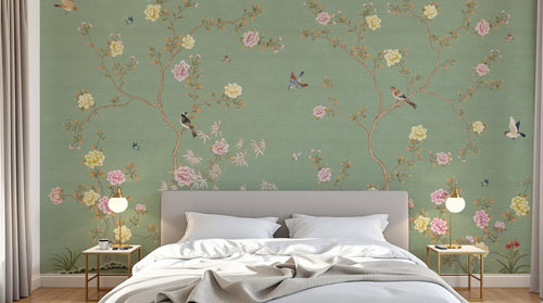 Design ZX0767 — Papier peint Chinoiserie branches fleurs oiseaux fond sauge — Novomur