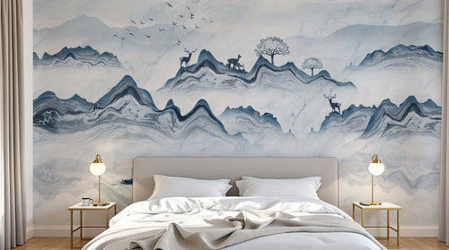 Design ZX0768 — Papier peint Paysage encre montagne cerfs barque — Novomur