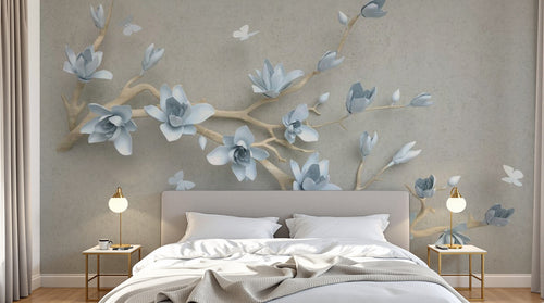 Design ZX0779 — Papier peint Magnolias bleus relief or beige — Novomur