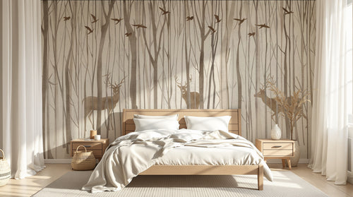 Design FC078 — Papier peint Foret silhouette cerfs et oiseaux — Novomur