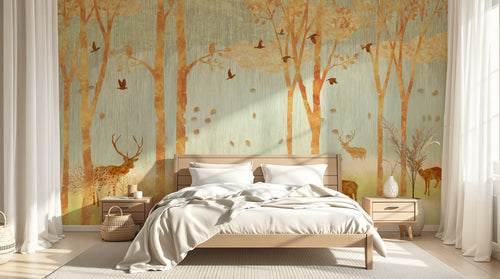 Design FC314 — Papier peint Foret automnale cerfs et oiseaux dores — Novomur