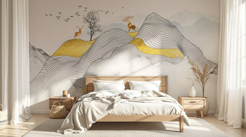 Design SL0028 — Papier peint Montagnes lignes graphiques cerfs dores — Novomur