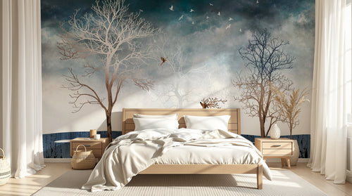 Design SL0253 — Papier peint Paysage hivernal cerfs dores ciel etoile — Novomur