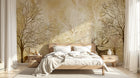 Design SL0712 — Papier peint Cerfs arbres dores silhouette beige — Novomur