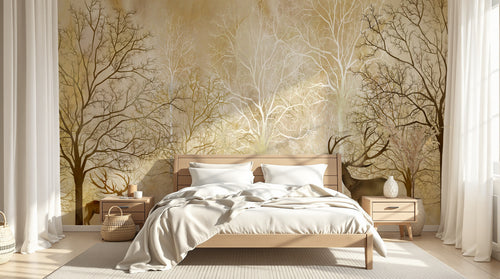 Design SL0712 — Papier peint Cerfs arbres dores silhouette beige — Novomur