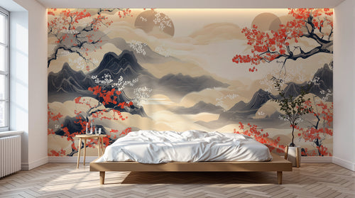 Design A0549 — Papier peint Cerisier Rouge Encre Asiatique — Novomur