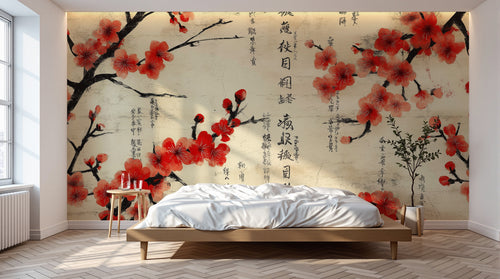 Design A0574 — Papier peint Cerisier Rouge Encre Asiatique — Novomur