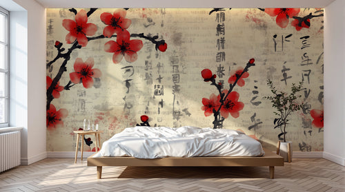 Design A0575 — Papier peint Cerisier Rouge Encre Asiatique — Novomur