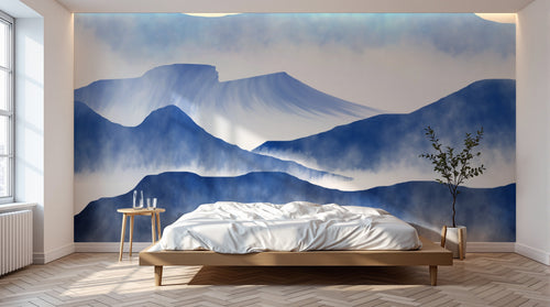 Design FC380 — Papier peint Montagnes brume bleu soleil rouge — Novomur