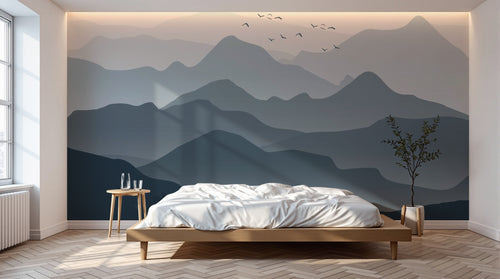 Design SL0010 — Papier peint Montagnes silhouettes bleues degrade ciel rose — Novomur