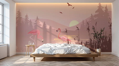 Design SL0060 — Papier peint Flamants roses coucher soleil lac roseaux — Novomur