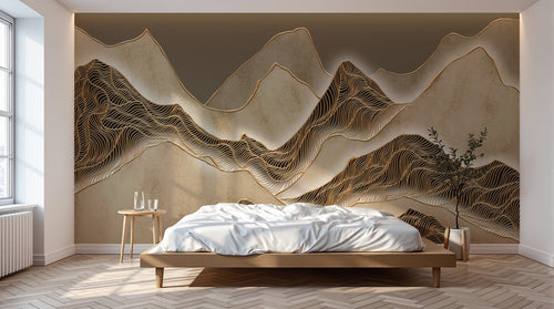 Design SL0789 — Papier peint Montagnes lignes ondulantes dorees taupe — Novomur