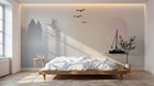 Design ZX0418 — Papier peint Voilier lac sapins coucher soleil pastel — Novomur