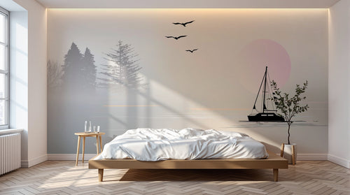 Design ZX0418 — Papier peint Voilier lac sapins coucher soleil pastel — Novomur