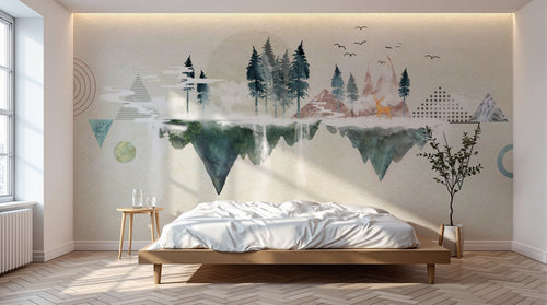 Design ZX0468 — Papier peint Paysage flottant triangles sapins cerf — Novomur
