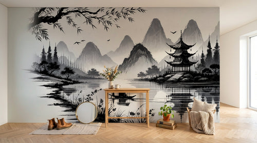 Design A0040 — Papier peint Asie Encre Noire Pagode — Novomur