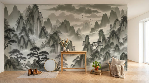 Design A0097 — Papier peint Asie Encre Noire Pagode — Novomur