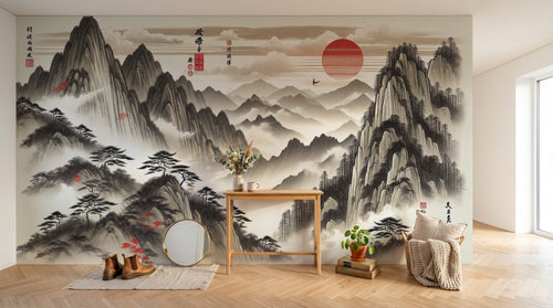 Design A0147 — Papier peint Asie Encre Noire Pagode — Novomur