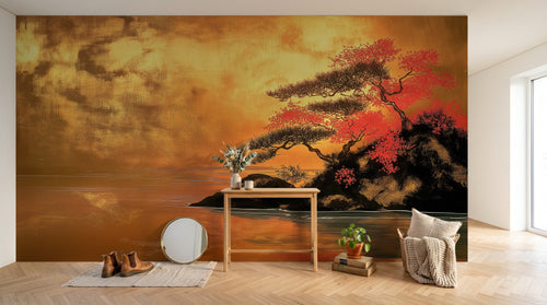 Design A0418 — Papier peint Cerisier Rouge Encre Asiatique — Novomur