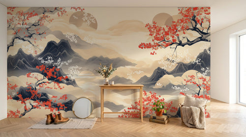 Design A0549 — Papier peint Cerisier Rouge Encre Asiatique — Novomur