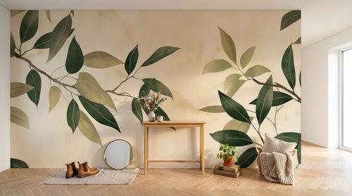 Papier peint Botanique Feuillage - Collection 1 A0559 en situation — Branches feuilles vert beige — Design A0559