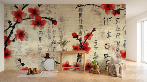 Design A0575 — Papier peint Cerisier Rouge Encre Asiatique — Novomur
