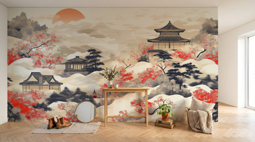 Design A0577 — Papier peint Asie Encre Noire Pagode — Novomur