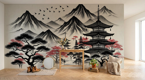 Design A0938 — Papier peint Asie Encre Noire Pagode — Novomur