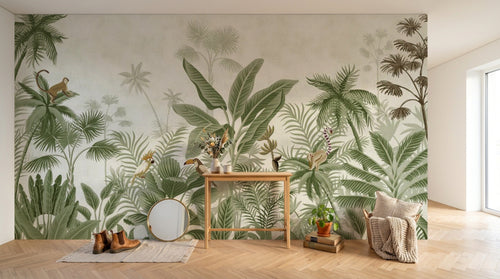 Papier peint Palmier Tropical Vintage Sépia D0328 en situation — Jungle Illustrée + Graphique Flat — Design D0328