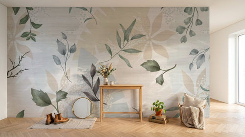 Papier peint Botanique Feuillage - Collection 1 D0694 en situation — Feuilles aquarelle vert pastel fond gris bleuté abstrait — Design D0694