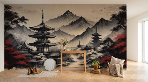 Design F0169 — Papier peint Asie Encre Noire Pagode — Novomur
