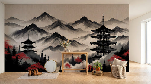 Design F0171 — Papier peint Asie Encre Noire Pagode — Novomur