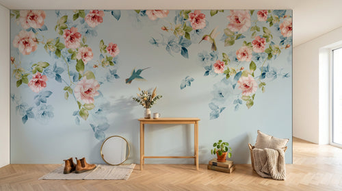 Design FC015 — Papier peint Floral romantique roses colibris fond bleu — Novomur